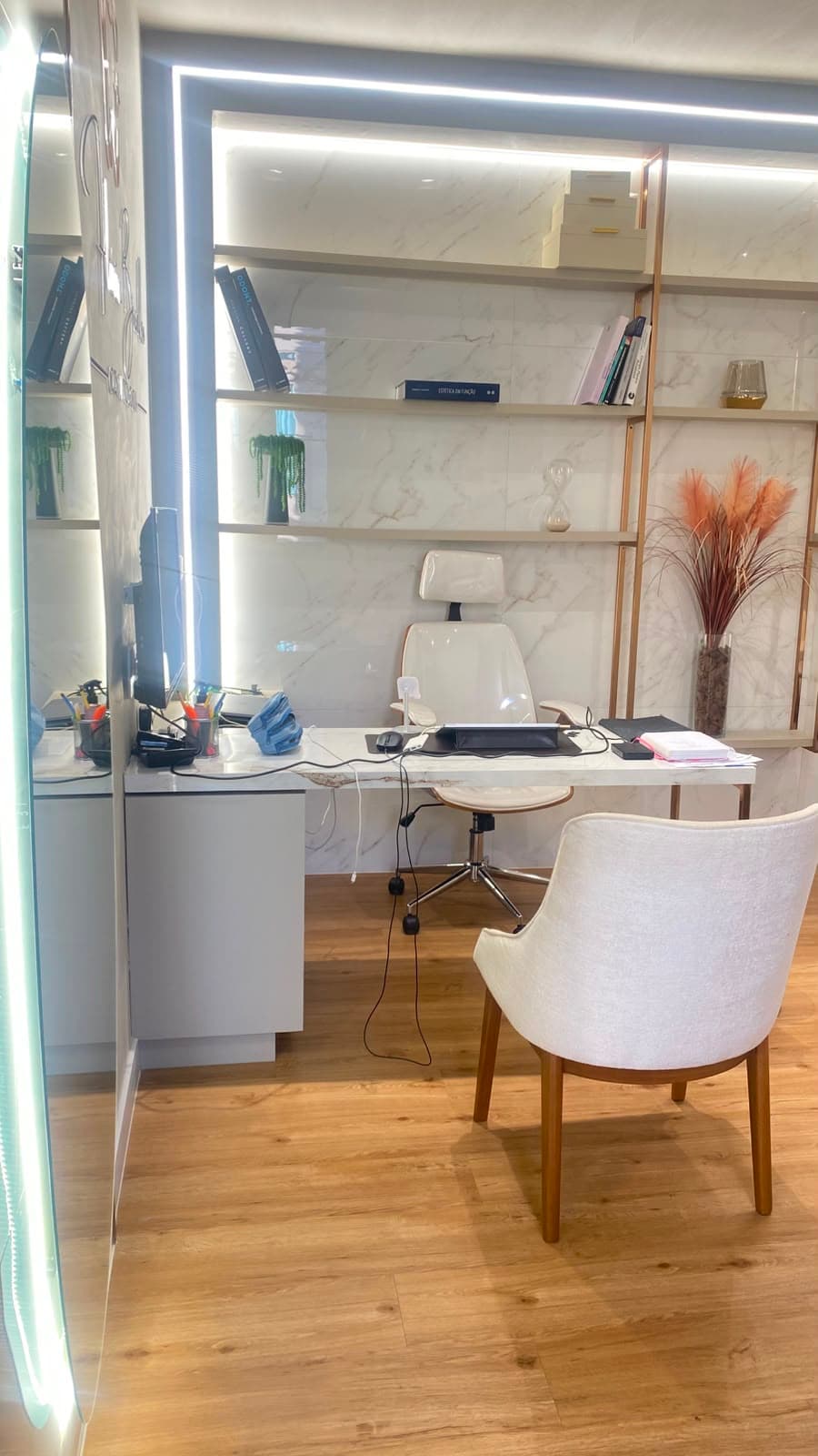 Sala de atendimento onde a Dra. Flávia conversa com o paciente
